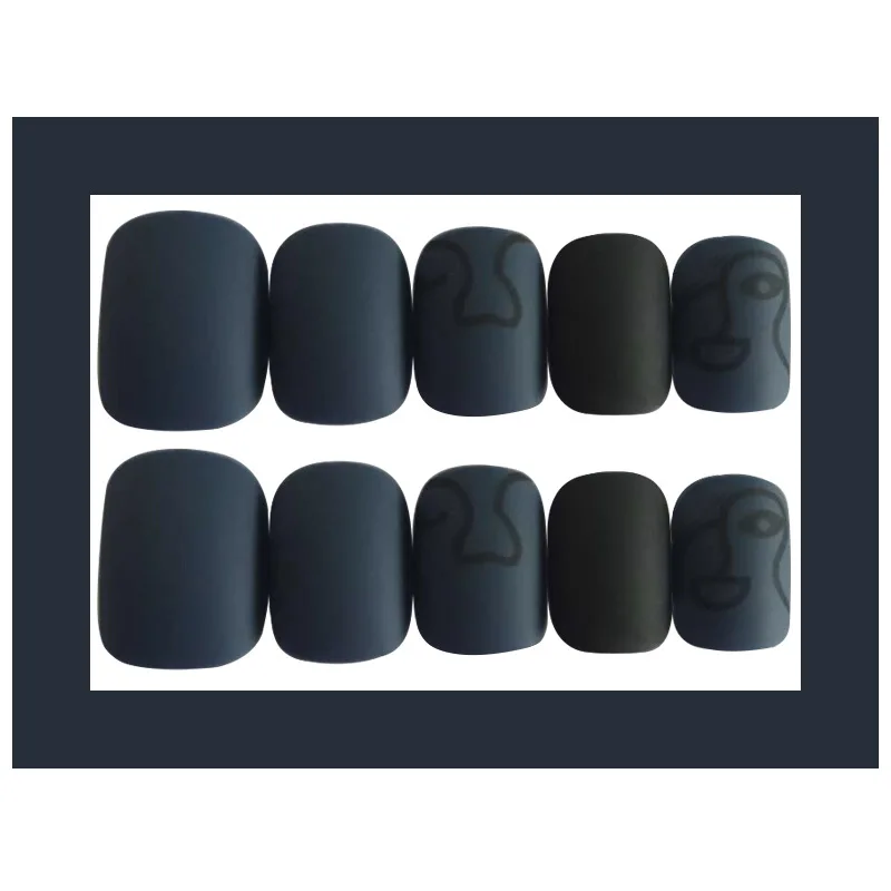 Nusx 24pcs Creative Face Line Pattern Wearable Full Press On Nails Cool Style Blue Short Round 4
