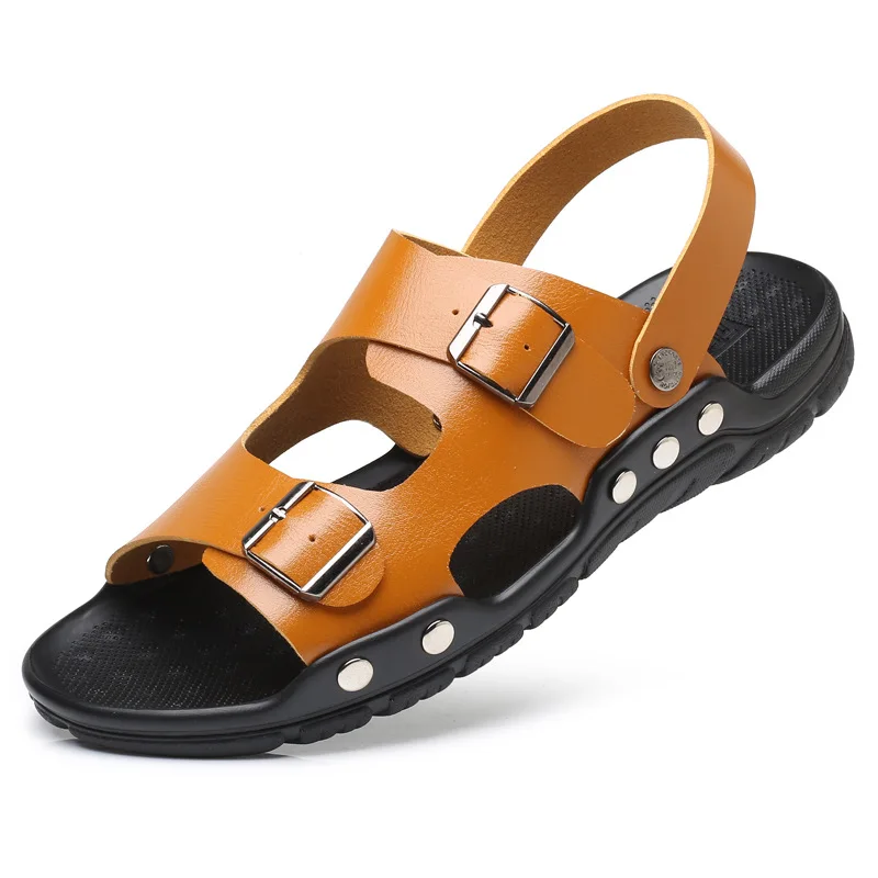 Мужские сандалии; Летние римские сандалии из натуральной кожи; мужская повседневная обувь; пляжные вьетнамки; мужские модные уличные шлепанцы; обувь - Цвет: YELLOW