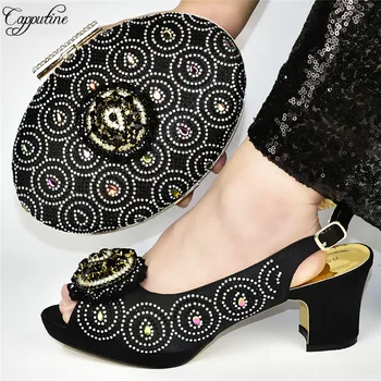

Gracful black high heel sandal shoes matching with handbag sets for party 588-4, heel height 7cm