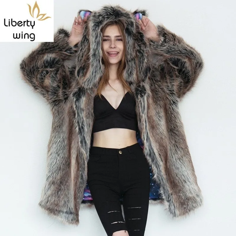 

Designer Leopard Faux Fur Overcoat Fashion Warm Sleeve Gradual Color Long Coat Hooded With Animal Ears Outwear Women
