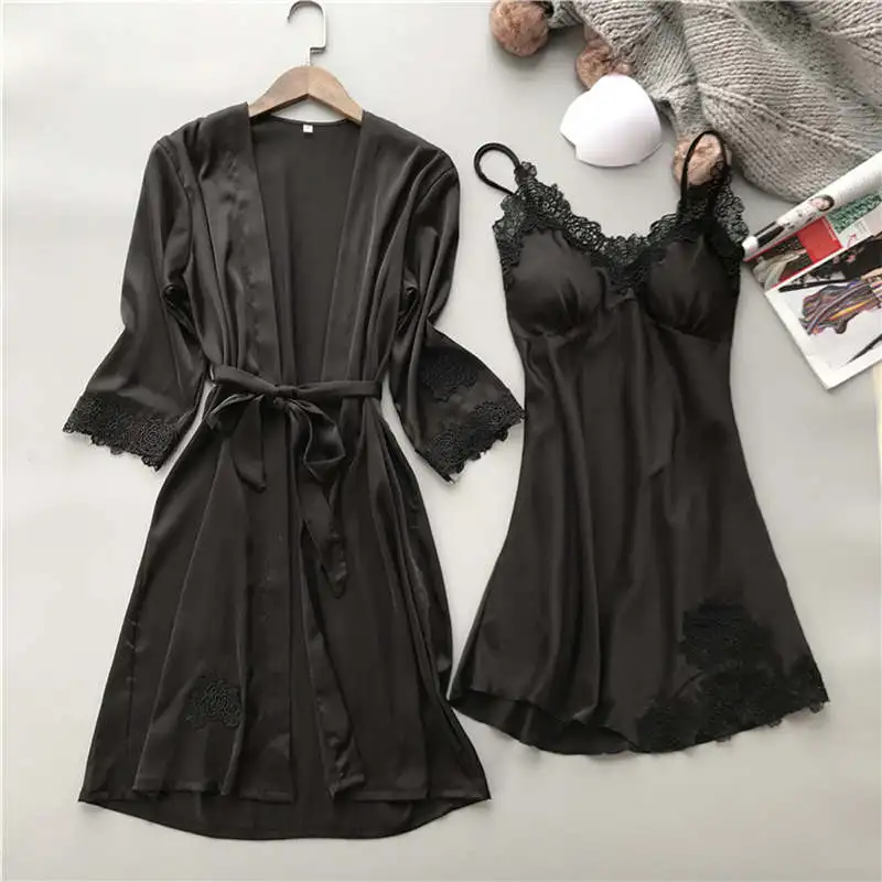 Горячее женское Сексуальное белье женское шелковое кружевное платье халат ночная рубашка купальный костюм комплект кимоно плюс размер ночная рубашка 9,26 - Цвет: Black