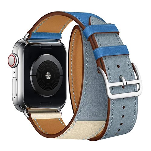 Двойной круг петля запястья кожаный браслет, ремешок для наручных часов Apple Watch, версия 1, 2, 3, ремешок 42 мм, 38 мм, ремешок для наручных часов Iwatch серии 4 5 40 мм 44 аксессуары - Цвет ремешка: blue-Grayblue-white