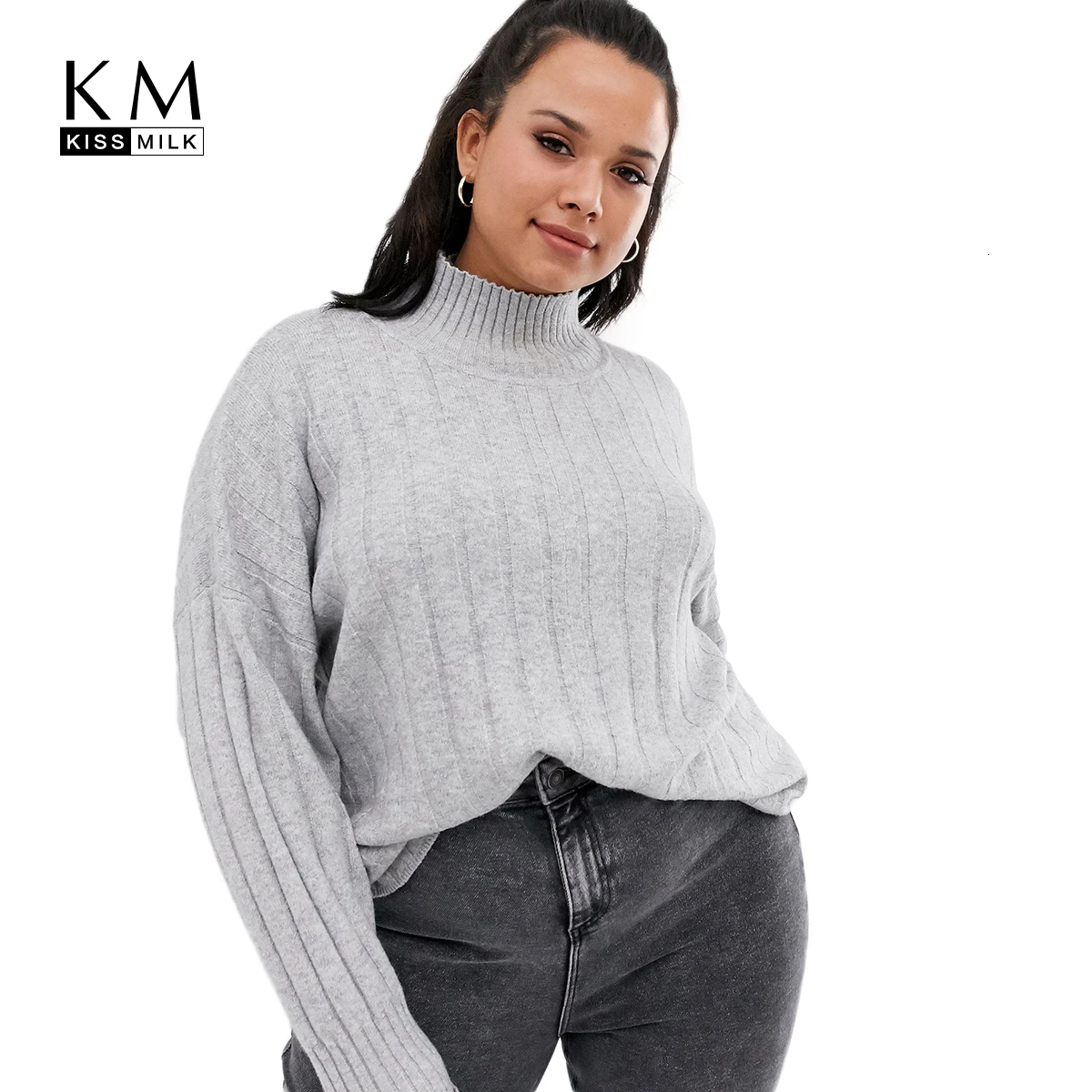 

Kissmilk Plus Size Woman Clothes Simple Solid Color High Collar Vertical Knit Warm Long Sleeve Pullover Sweater