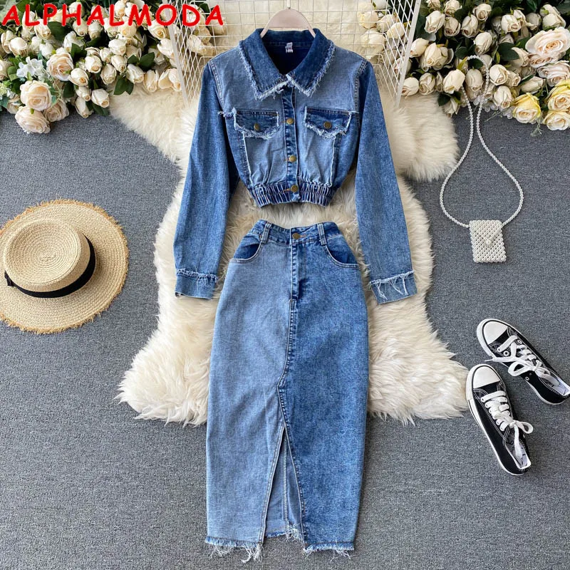 ALPHALMODA осень джинсовая куртка юбка-карандаш комплект из 2 предметов шикарное