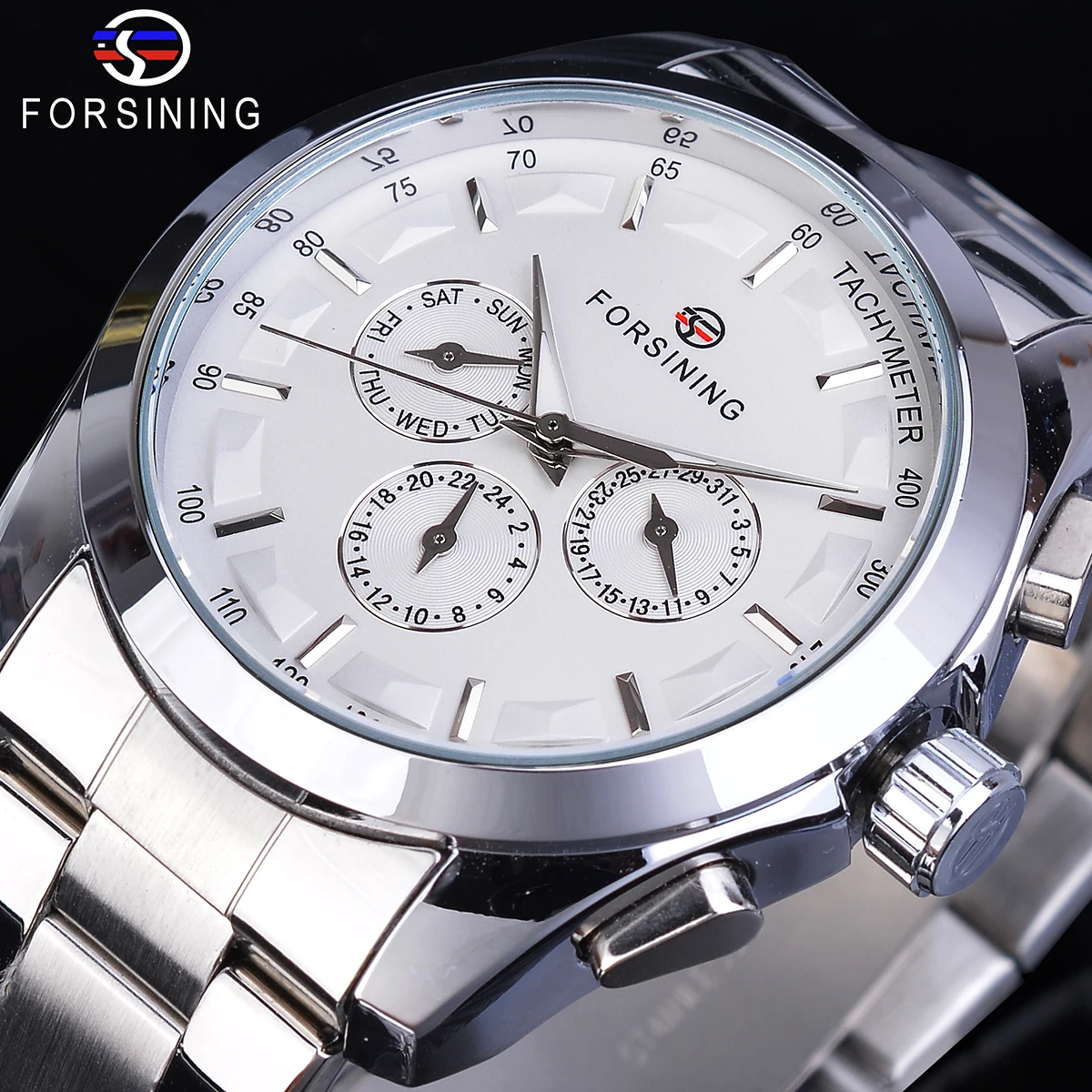 

Forsining Automatic White Men Mechanical Watch 6 Hands Date Day Stainless Steel Belts Business Dress Wrist-Watch Erkek Kol Saati