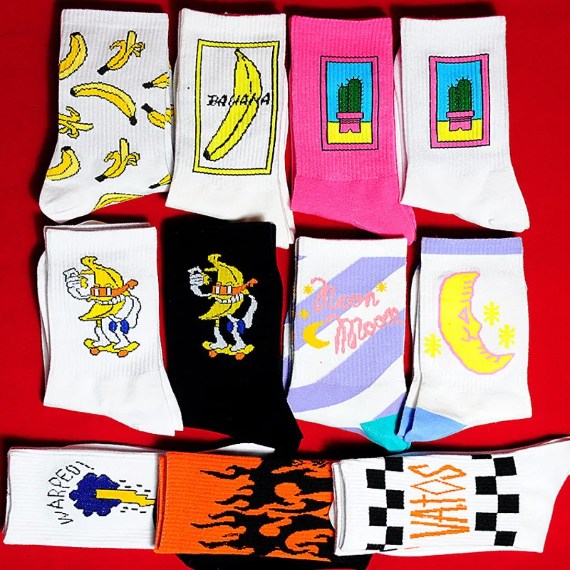 Korean style fashion fun hip hop skateboard socks street style cartoon banana cactus moon flame socks unisex happy long socks