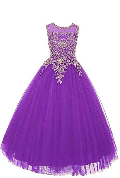 Фиолетовый Real Photo Lovely Kids Gold Applique Scoop Flower Girl Dresses - Цвет: Фиолетовый