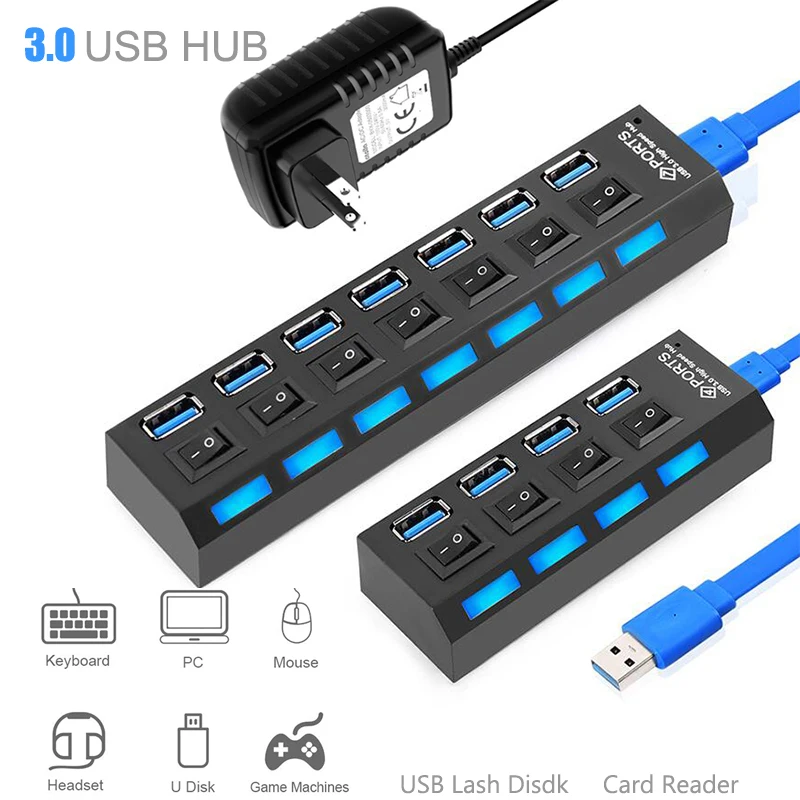 Velocidade Multi Splitter para pc e Laptop Usb 3.0 Hub Adaptador de Energia Expansor Múltiplo com Switch 5gbps Hab Uso Port Port Alta