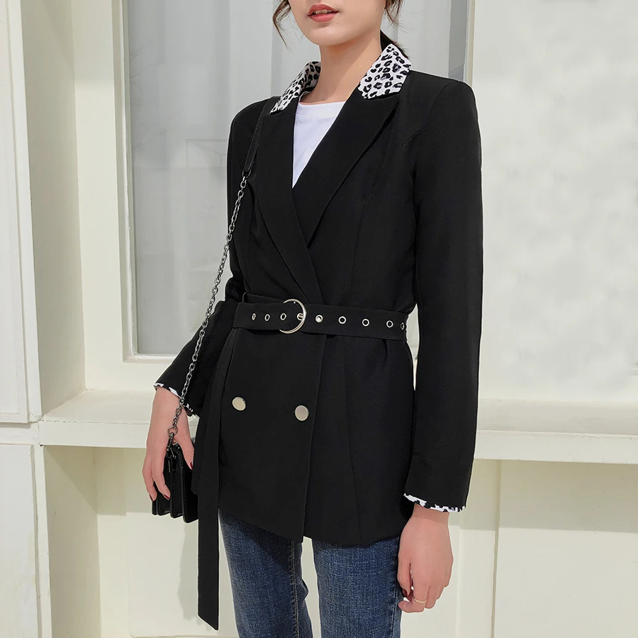 

2019 New Spring Leopard Collar Women Blazers and Jackets Chic Notched Collar Female Long Jacket Blazers With Belt Feminino