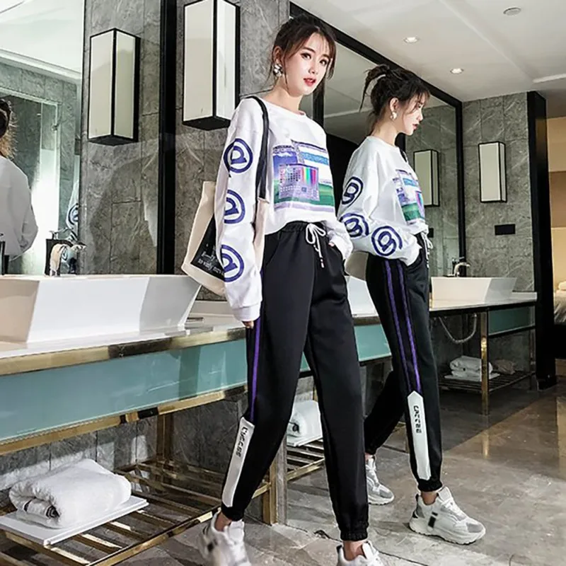 

Spring Autumn High-Elastic Pants Women Side Stripes Purple Contrast Color Leggings Loose Girls Casual Sports Pant.