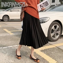 Однотонное элегантное платье миди плиссированная юбка Для женщин осень-зима дамы в Корейском стиле Высокая Талия А-силуэт, длинный юбка женщина-85