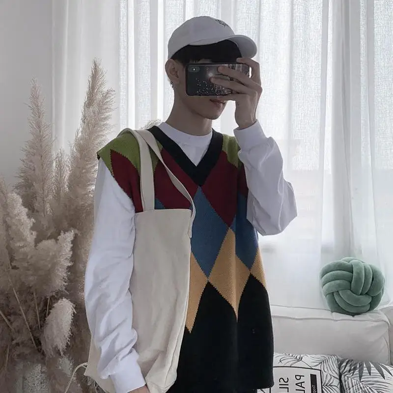 New Fashion College Style Retro Loose Contrast Color Diamond V-neck Sweater Vest Casual Knit Men