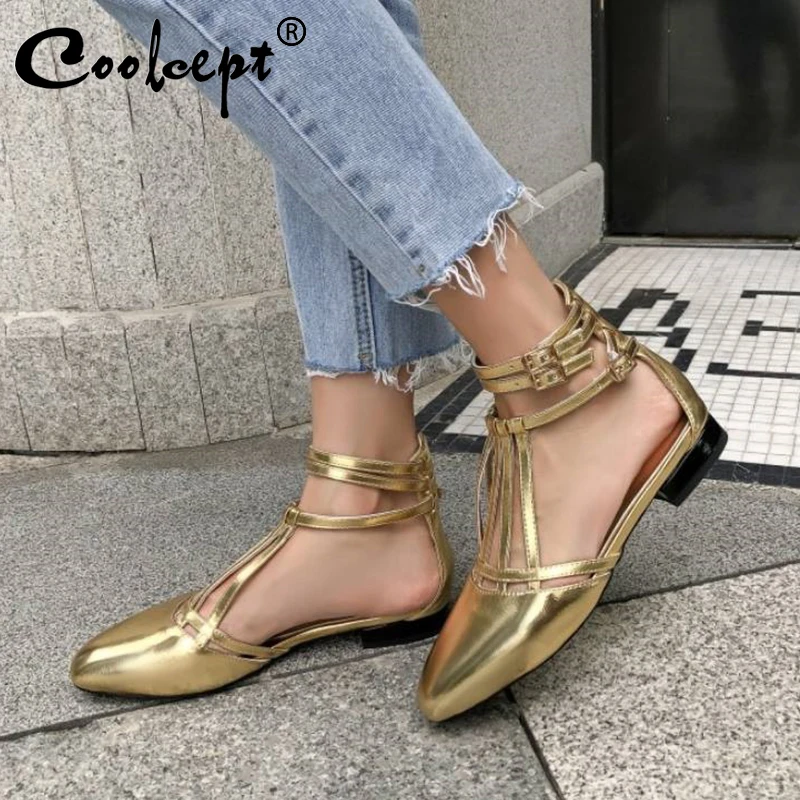 Coolcept Women Sandals Shoes Fashion Square Toe Leather High-Quality Special Flat Heels Buckles Footwear Size 34-43 | Обувь
