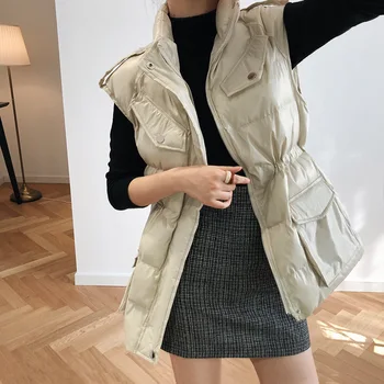 

HLHPYHB Woman Elastic Waist Cotton Vest Coat Female Big Pocket Parka Vest Tops Autumn Winter Warm Femal Glossy Outwear Waistcoat