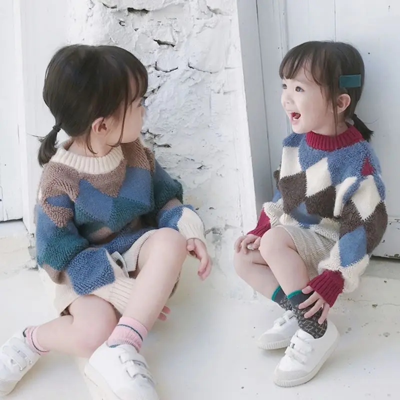 

Girl'S Sweater Rhombus Crew Neck Sweater 19 Fall And Winter Clothes New Style Childrenswear 3-8-Year-Old
