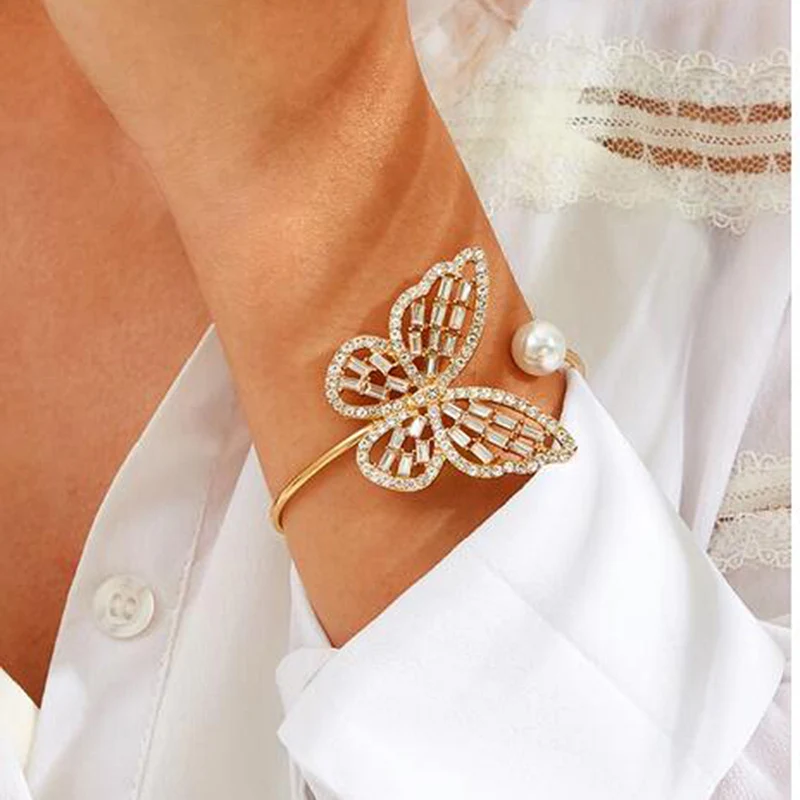 

Gold-color Butterfly Bracelets Crystal Rhinestone Wide Wrap Arm Bracelet Cuff Imitation Pearl Opening Bangles New Jewelry B10441