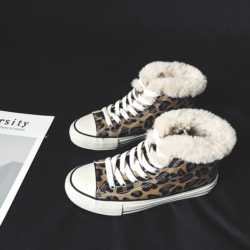 Зимняя теплая Модная парусиновая обувь на шнуровке с леопардовым принтом; женская утепленная повседневная обувь с леопардовым принтом; спортивные кроссовки