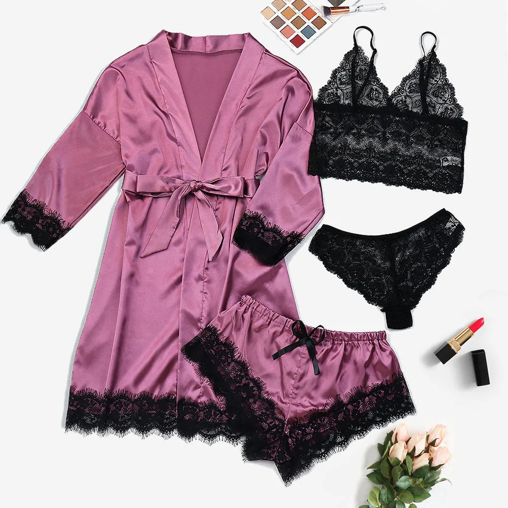 

4PCS/Sets Sexy Women Satin Sleepwear Lace Nightgown Crop Tops Briefs Shorts Lingerie Porno Babydoll Nightdress Tracksuit 3XL