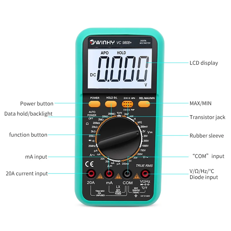 VC9808 / 9807A Цифровой мультиметр AC / DC750 / 1000В Вольтметр Амперметр Ом Тестер с подсветкой Большой экран Электрик True RMS meter