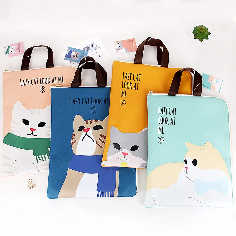 

P428 Zippered File Bag Lazy Cat A4 Hand Canvas for Student Package Korean Style Hipster Oxford Cloth
