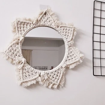 

Macrame Mirror Handmade Tapestry Makeup Mirror Charm Lighted Compact Home Bedroom Decorative Wall Hanging Mirrors Home Decor