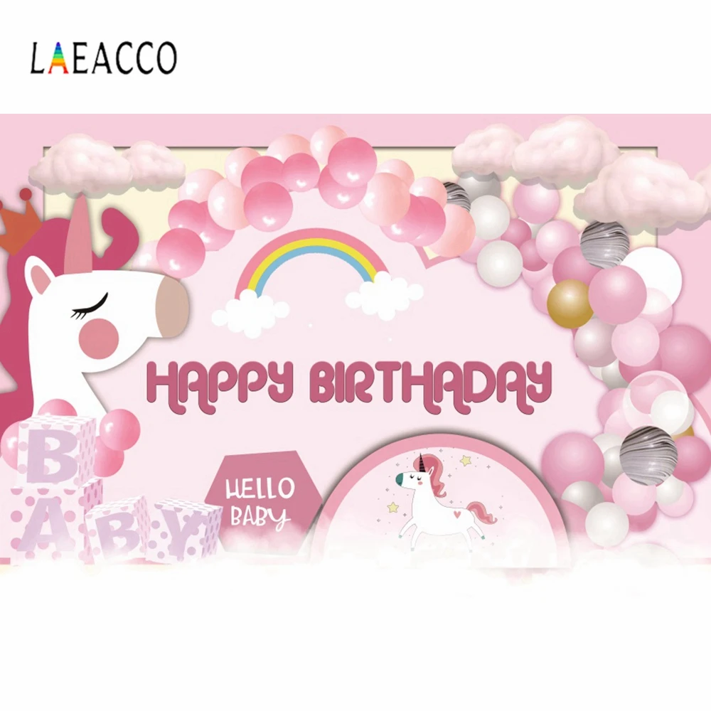 

Laeacco Princess Birthday Cartoon Balloons Unicorn Pink Photo Background Customized Photographic Photography Backdrop Studio