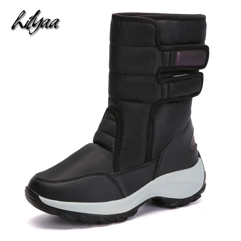 

Women Flat-bottomed Thick bottom High Heel Snow Boots Female Round Toe Plush Keep Warm Solid Color Velcro Buckle Outdoor Shoes