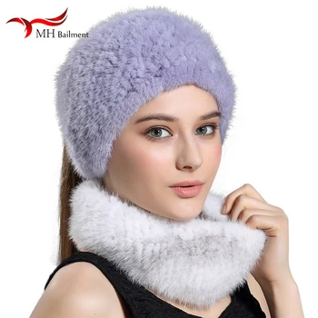 

2019 winter new real 100% mink fur empty top scarf collar ladies fashion warm scarf cap women brand knitted knit gorro hat