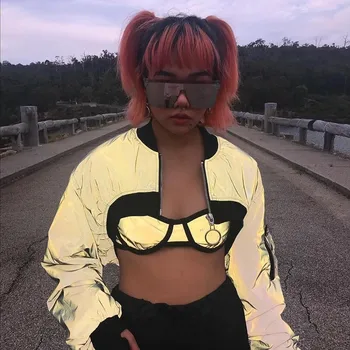 

Sexy Reflective Crop Top Jackets Women Streetwear Zippers Cropped Coat Women Long Sleeve Short Bomber Jacket Female Grey 2020