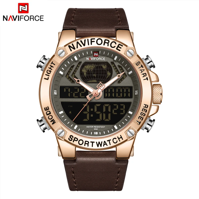 Топ бренд NAVIFORCE двойной дисплей мужские часы модные кожаные аналоговые цифровые