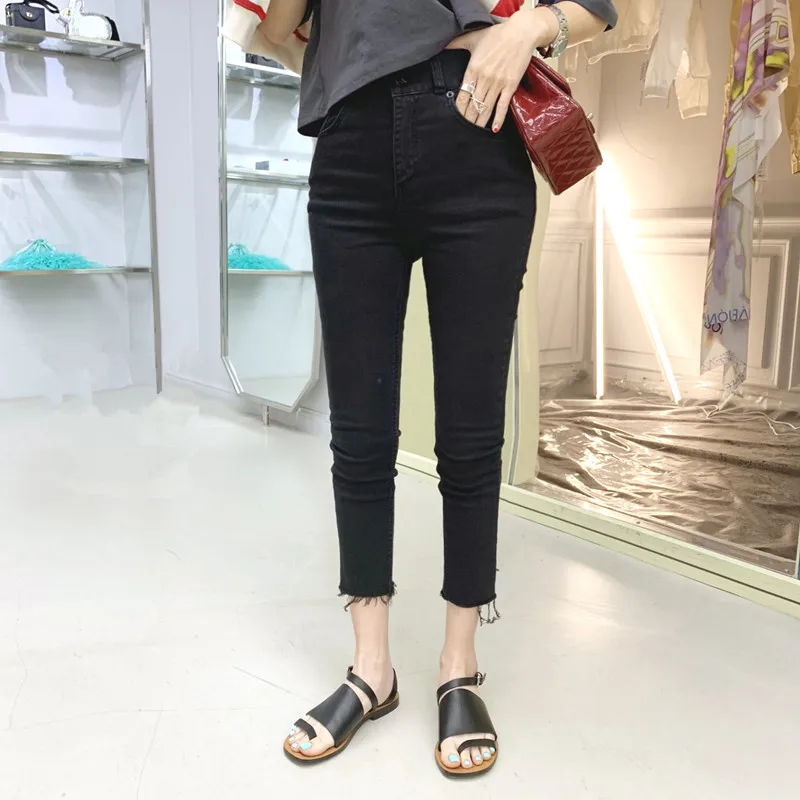 Retro Skinny Casual Feet Jeans Women Autumn New Fashion High Waist Elastic Slim Cropped Jeans - Цвет: black