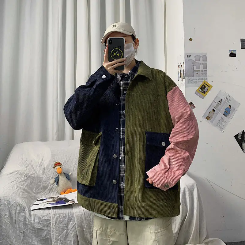 

Autumn Corduroy Jacket Men's Fashion Hit Color Casual Retro Pleated Jacket Men Streetwear Wild Loose Korean Jackets Mens S-5XL