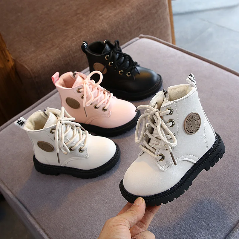 British Spring Autumn Winter Children Boots Boys Girls Leather Boots Plush Waterproof Non-slip Warm Kids Shoes children boots