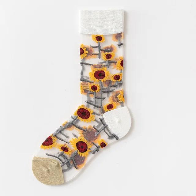 France Fresh Floral Art Funny Socks Transparent Abstract Design Lace Cute Socks Women Jacquard Sokken Skarpetki Calcetines Mujer 6