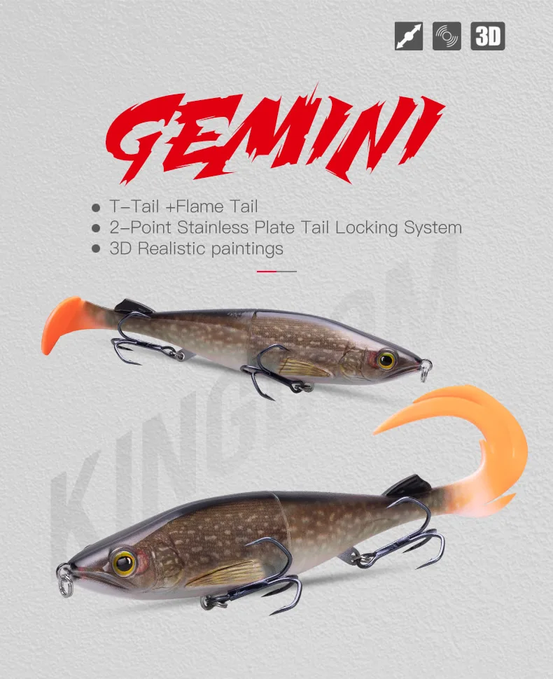 Kingdom GEMINI Fishing Lures 14g 28g 41g Sinking Wobblers ABS Body with Soft T-Tail and Flame Tail SwimBaits soft lure for pike