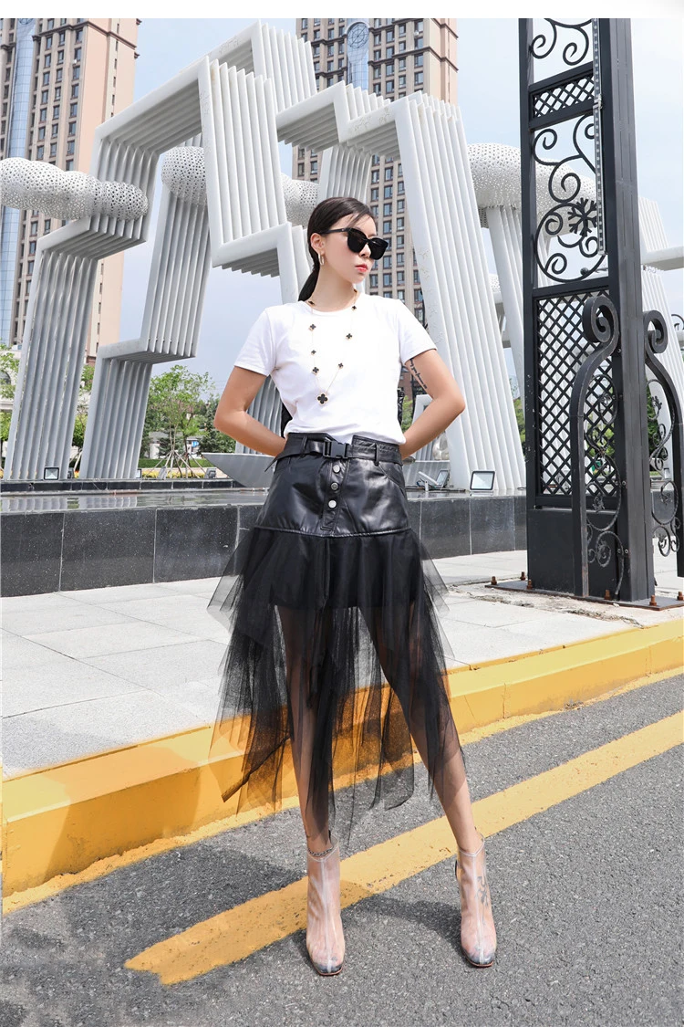 Genuine Leather Skirts Casual Buckle Belted Mesh Overlay Frill Detail Midi Skirt Autumn Women Streetwear Out Going High Waist