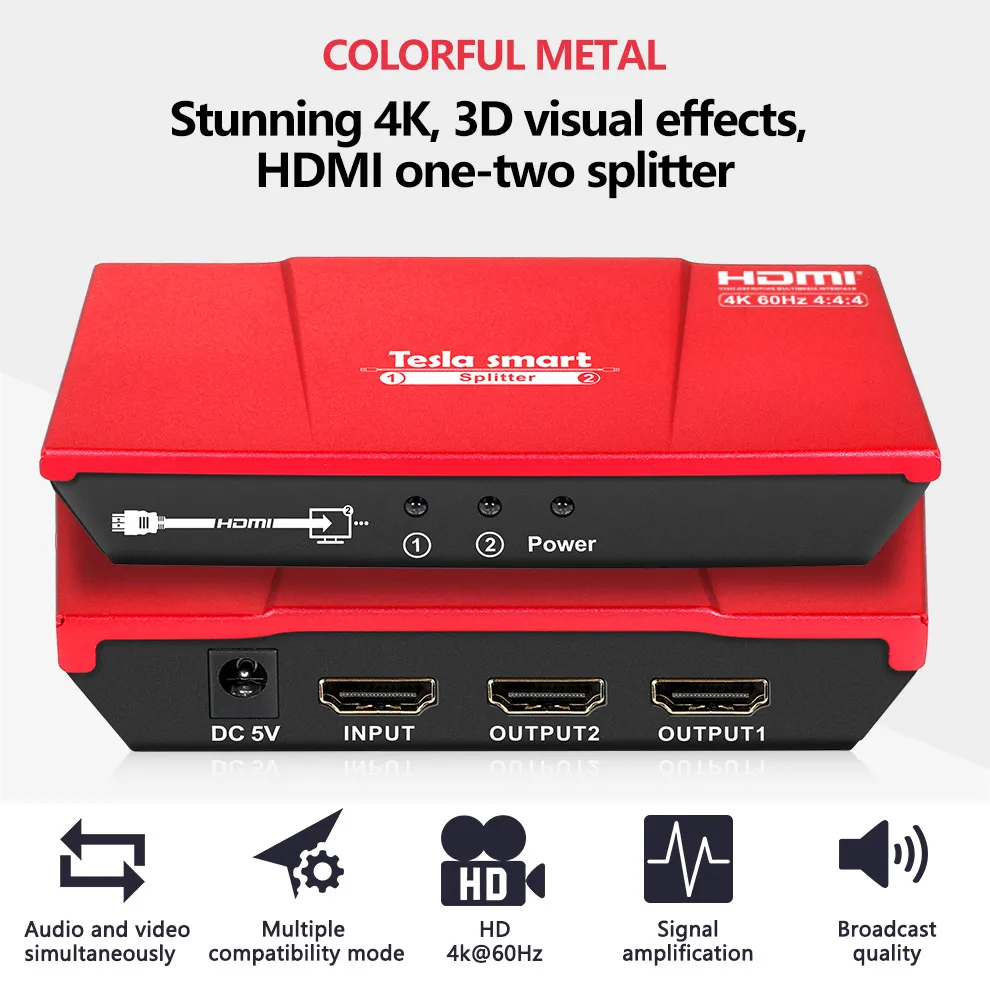 Tesla smart HDMI Splitter 1x2 HDMI 2 Port Splitter 4K@60Hz High quality with Power Adapter HDMI HDT