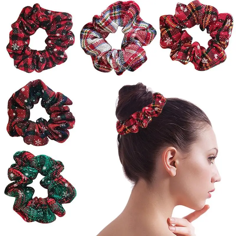 

5pcs Fashion Christmas Hair Scrunchie Elastic Hair Bands Plaid Snowflake Women Girls Headwear Ponytail Holder Hair Accessories