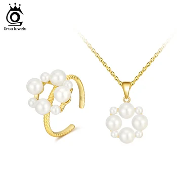 

ORSA JEWELS Exquisite Simulated Pearl Necklace Adjustable Ring 925 Sterling SIlver Set Engagement Wedding Gift Jewelry Sets SS62