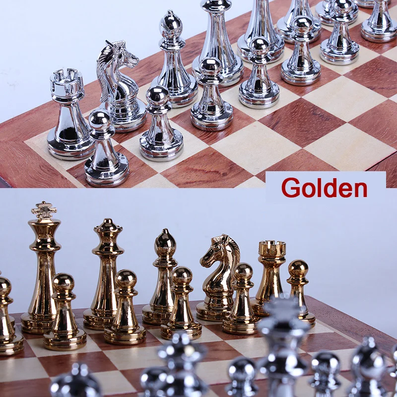 Classic Zinc Alloy Chess Pieces wood grain board Chess Game Outdoor leisure entertainment golden High Quality the qenueson