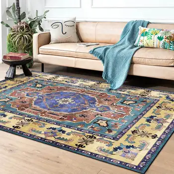 

Fashion Persian Geometric Ethnic Blue and Yellow Living Room Bedroom Bedside Carpet Floor Mats