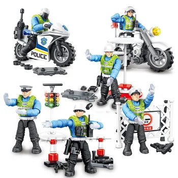 

6 In 1 Building Blocks ABS DIY Movable Joints Firefighter Traffic Police Team Action Figure Blocks Model Kit Kids Toys For Boys