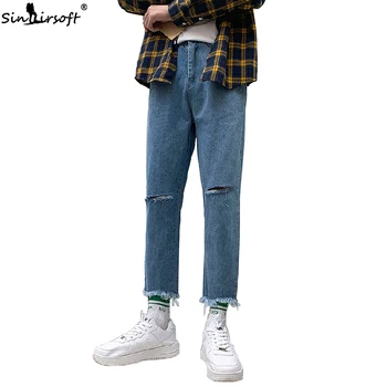 

New Arrival Men's Denim Soild Ankle-length Pants Male Straight Jeans Male Knee Ripped Hole Cowboy Fashion High Street Trousers