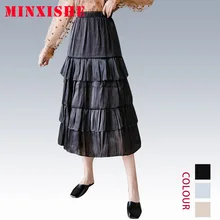 Юбки faldas женские осенние новые юбки-пачки атласные Плиссированные Миди длинные черные ниспадающие винтажные уличные юбки с высокой талией jupe женские