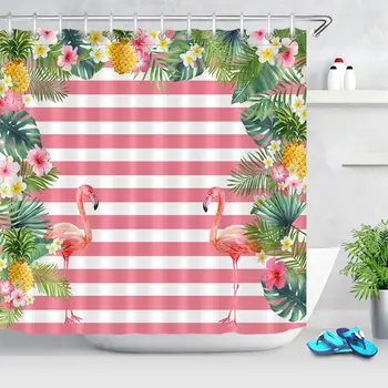 

Tropical Plant Flower Flamingo Shower Curtains Stripe Decor Animal Bathroom Curtain Fabric Waterproof Polyester Bath Curtains