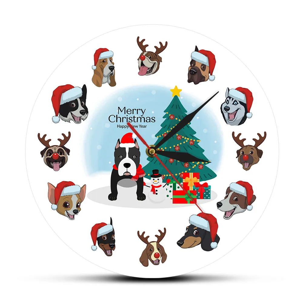 Adorable Dog with Christmas Hats Modern Round Wall Clock Dog Breeds Wearing Santa Hats Silent Wall Clock Holidays Wall Decor