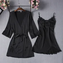 Black Womens 2PC Strap Top Pajamas Sleepwear Sets Lady Home Wear Nightgown Suit Sexy Kimono Robe Bath Gown Sleepshirts M-XL