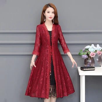 

2020 Korean Style Summer LargeSsize Lace Long Cardigan Hollow out Slim Women Open Stitch Tops Coat