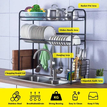 

Stainless Steel Over Sink Dish Drain Rack Kitchen Shelf Bowl Cutlery Rack Drying 2 Floors Large Storage Holder Kitchen Organizer