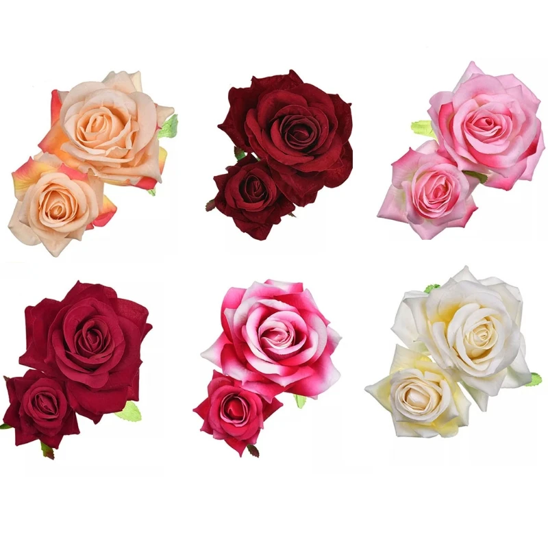 New Handmade Velvet Double Rose Flower Hair Clip Women Girls Wedding Flamenco Dancer Hairpins Bridal Bridesmaid Barrettes
